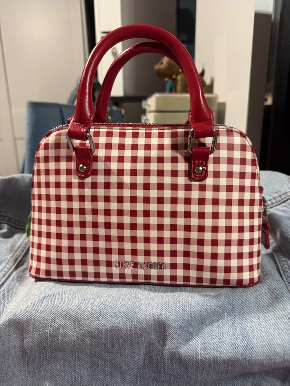 Steve Madden Red Gingham Satchel with Green Charm Bfayth crossbody with strap - Picture 6 of 10
